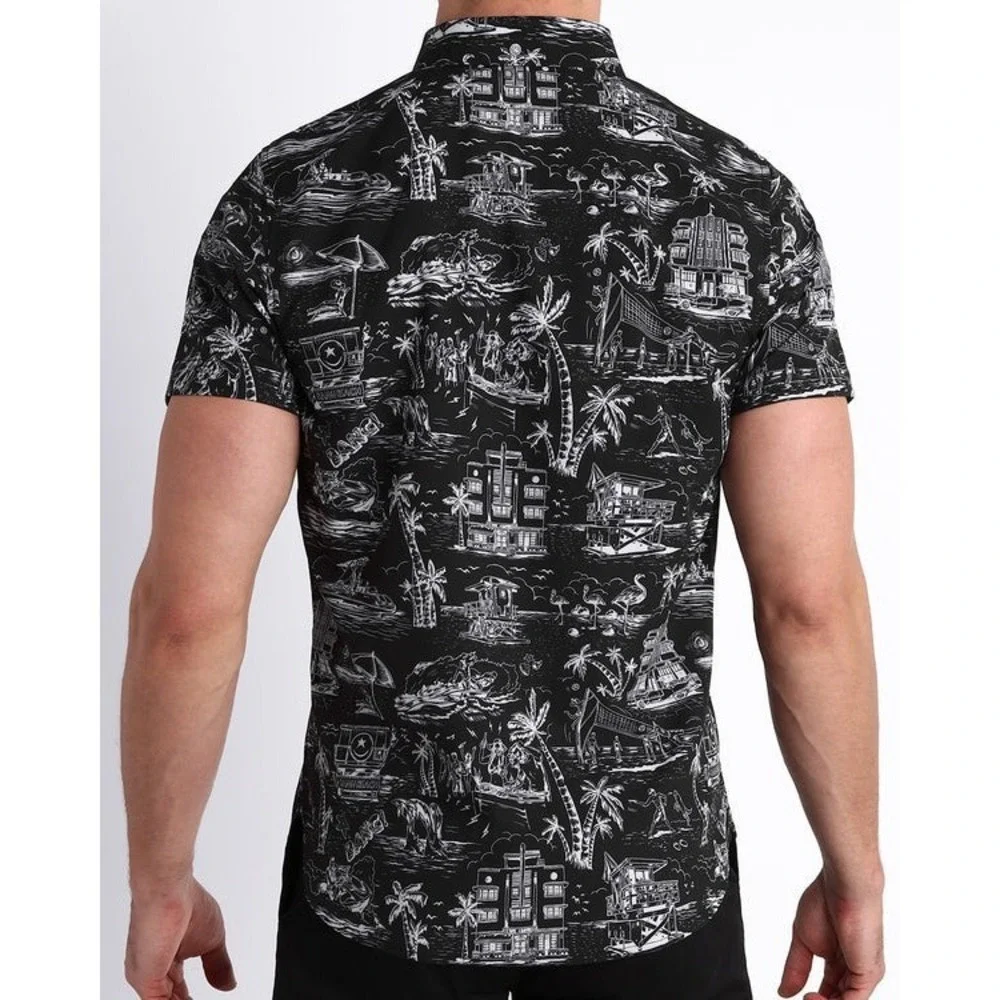 Bang! Miami Men‎ XL Stretch Shirt Toile Pattern Black Street Wear Beach Clubbing
